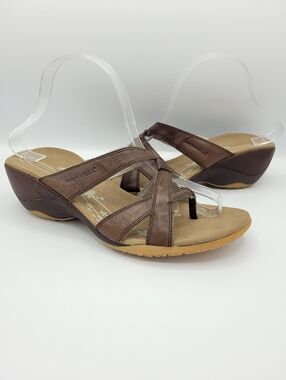 Merrell Alyssum Earth Brown Strappy Leather Slip On Wedge Thong Sandals Womens 9
